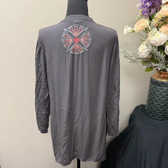 Luna Moon Gray Boho Embroidered Tunic Top L Long Sleeve Festival Fall Spring - Picture 4 of 11